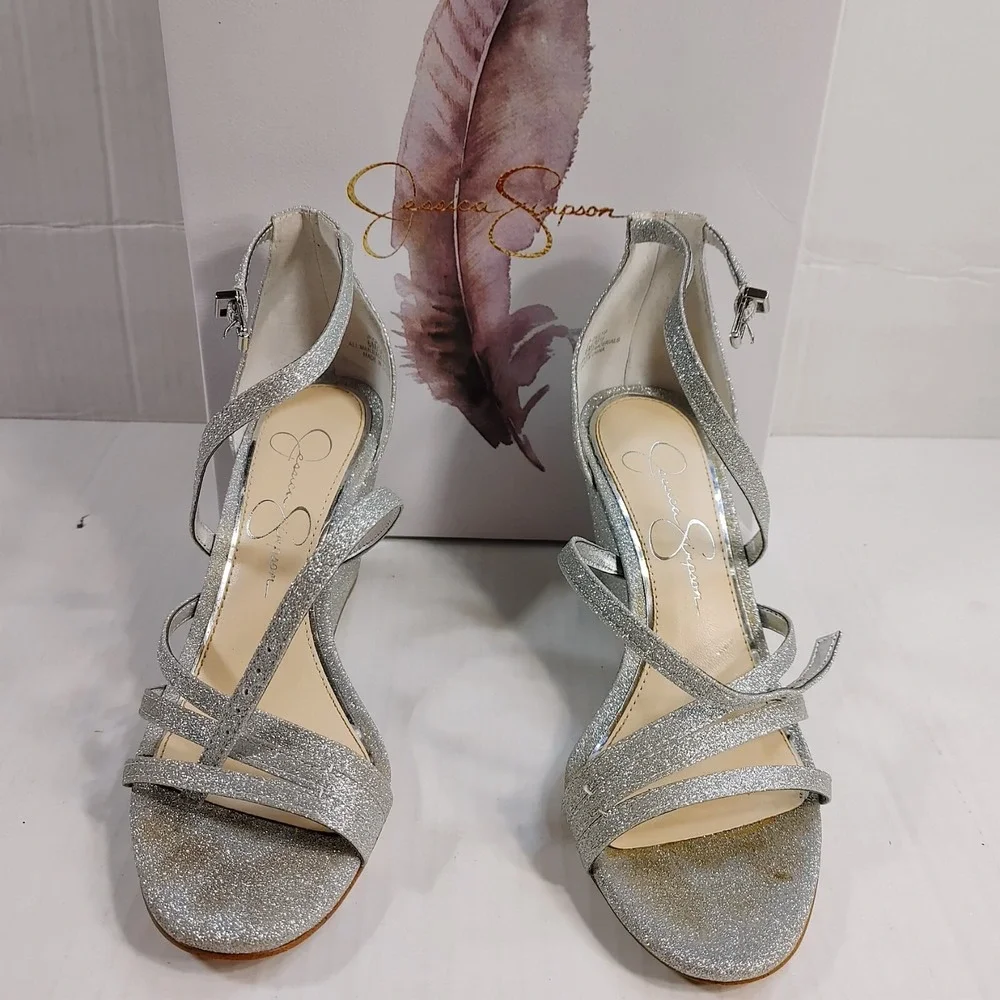 Jessica Simpson Callyia Women Size 6M Shoe Silver Flash Shimmer Metallic Wedge